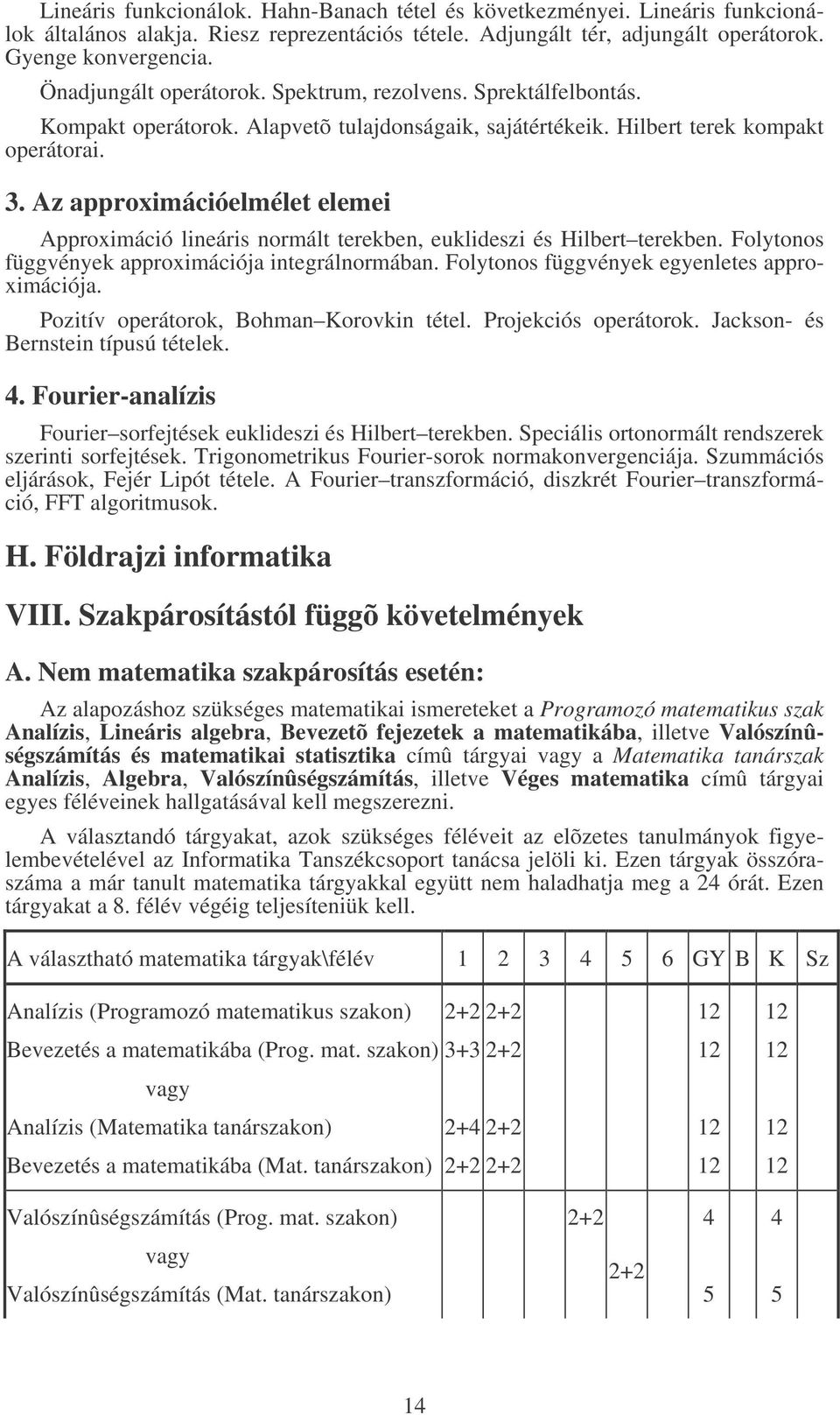 Az approximációelmélet elemei Approximáció lineáris normált terekben, euklideszi és Hilbert terekben. Folytonos függvények approximációja integrálnormában.