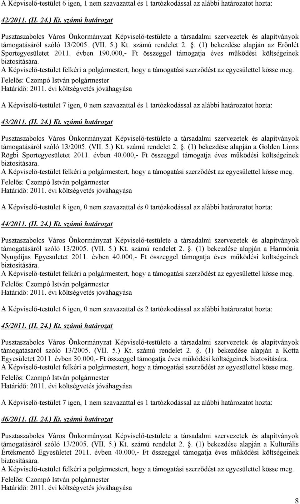 000,- Ft összeggel támogatja éves működési költségeinek A Képviselő-testület 7 igen, 0 nem szavazattal és 1 tartózkodással az alábbi határozatot hozta: 43/2011. (II. 24.) Kt.