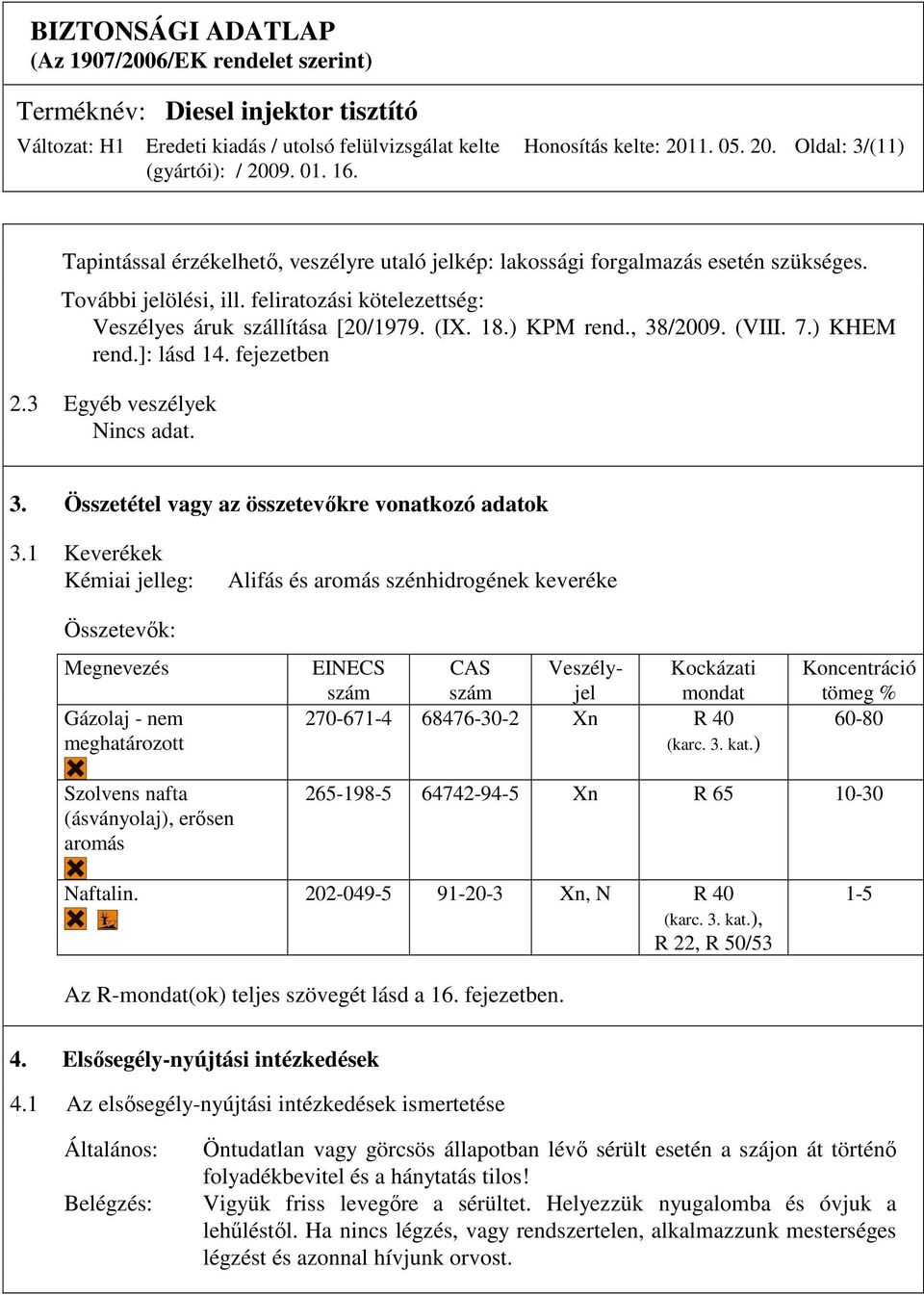1 Keverékek Kémiai jelleg: Összetevık: Megnevezés Gázolaj - nem meghatározott Alifás és aromás szénhidrogének keveréke EINECS szám CAS szám Veszélyjel Kockázati mondat 270-671-4 68476-30-2 Xn R 40
