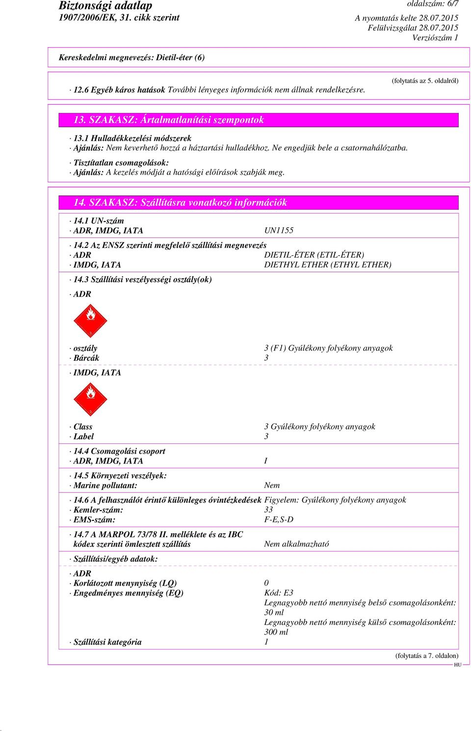 1 UN-szám ADR, IMDG, IATA UN1155 14.2 Az ENSZ szerinti megfelelő szállítási megnevezés ADR DIETIL-ÉTER (ETIL-ÉTER) IMDG, IATA DIETHYL ETHER (ETHYL ETHER) 14.