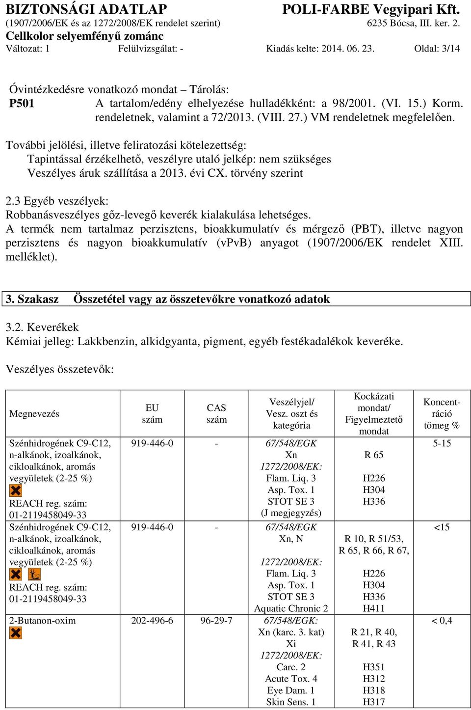 További jelölési, illetve feliratozási kötelezettség: Tapintással érzékelhető, veszélyre utaló jelkép: nem szükséges Veszélyes áruk szállítása a 2013. évi CX. törvény szerint 2.