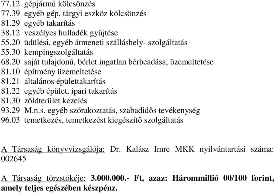 10 építmény üzemeltetése 81.21 általános épülettakarítás 81.22 egyéb épület, ipari takarítás 81.30 zöldterület kezelés 93.29 M.n.s. egyéb szórakoztatás, szabadidős tevékenység 96.