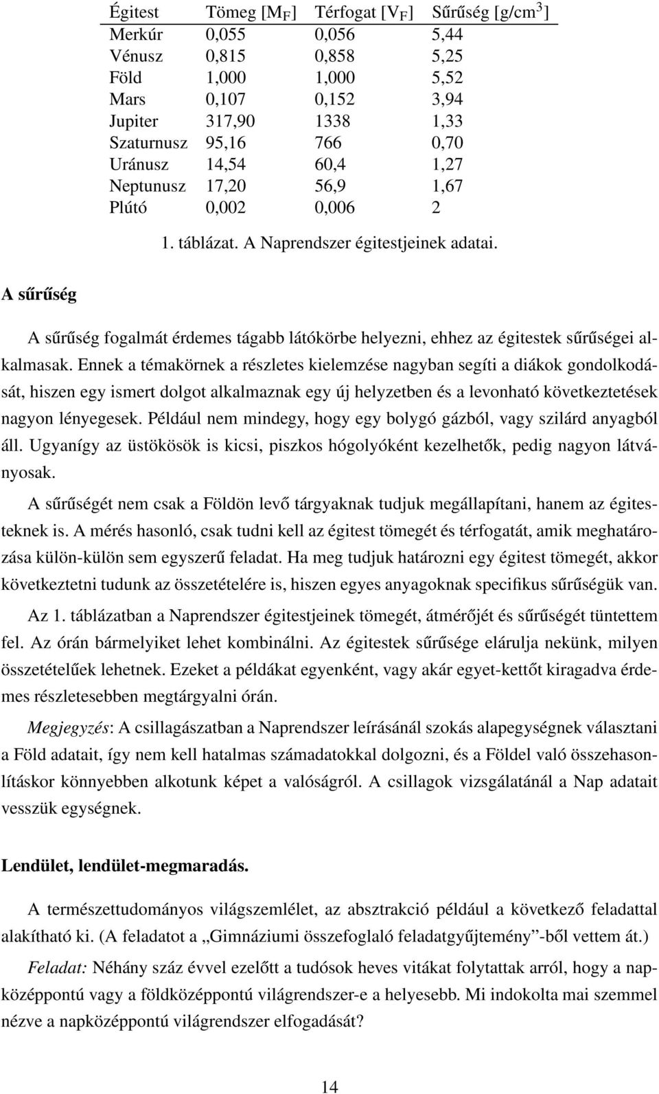 A sűrűség A sűrűség fogalmát érdemes tágabb látókörbe helyezni, ehhez az égitestek sűrűségei alkalmasak.