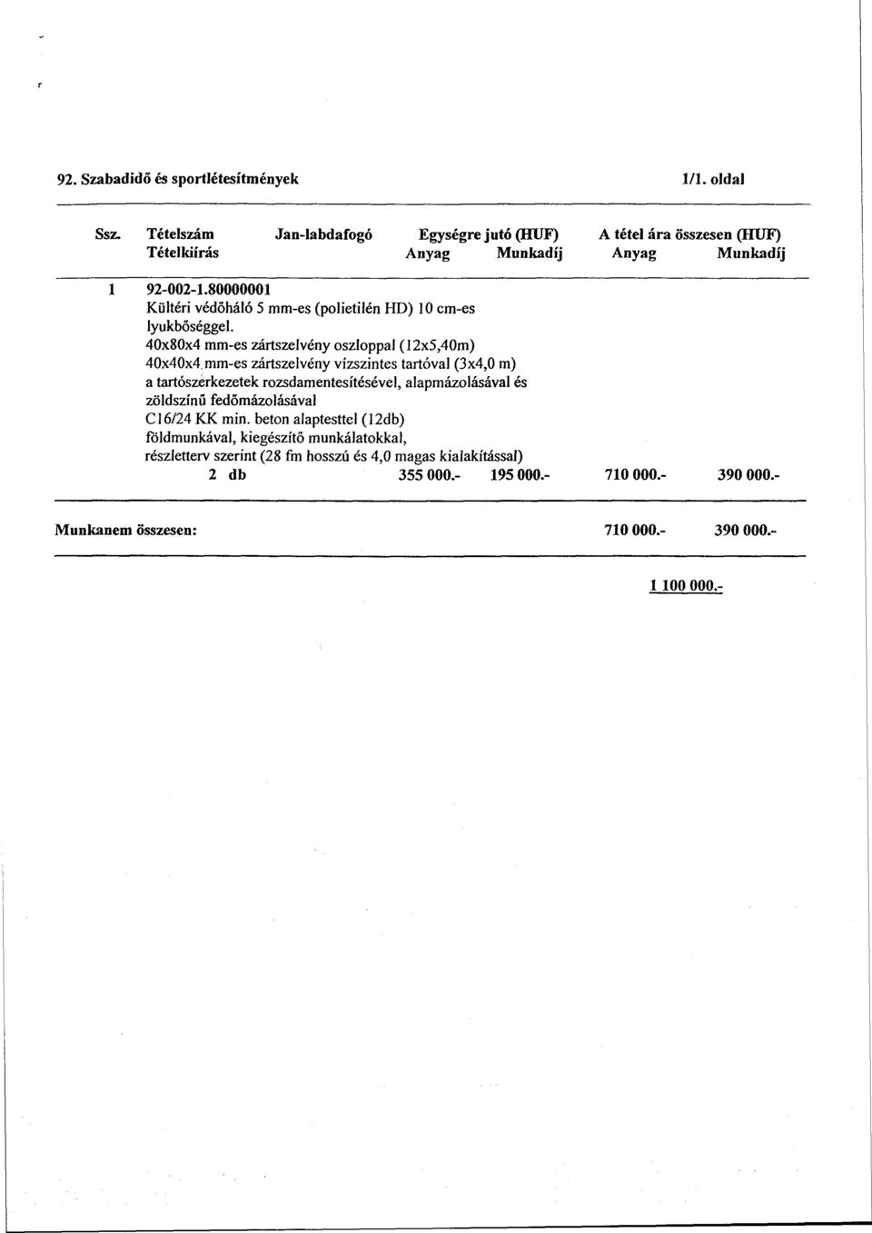 mm-es zártszelvény vízszintes tartóval (3x4,0 m) a tartószerkezetek rozsdamentesítésével, alapmázolásával és zöldszínű fedőmázolásával Cl6/24 KK min.