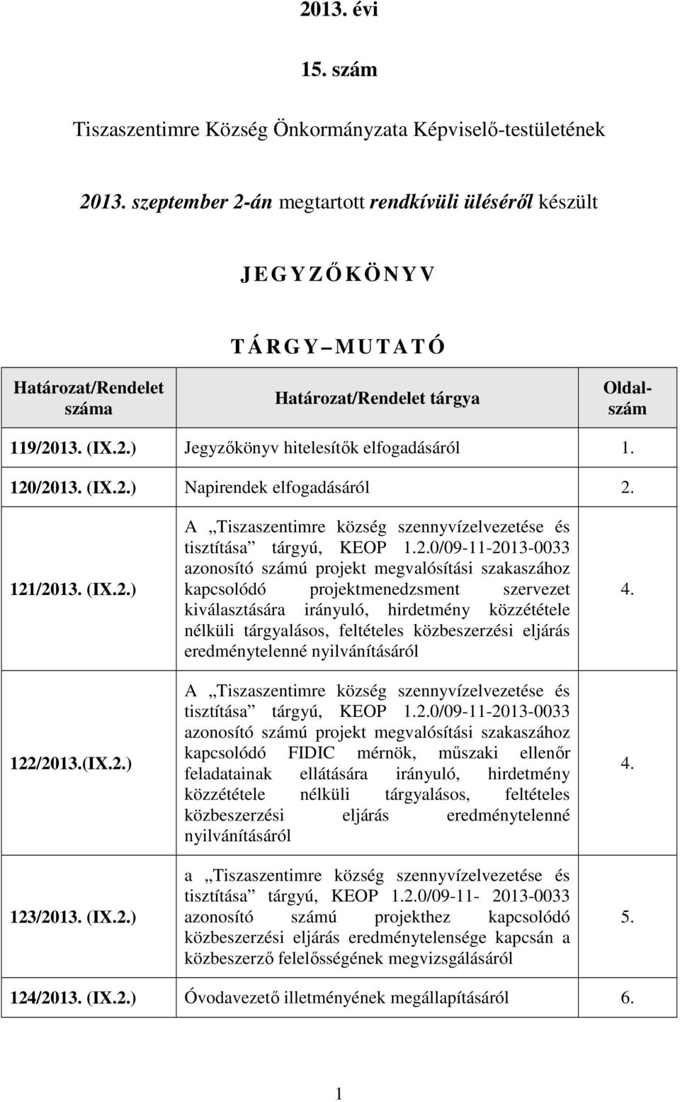 120/2013. (IX.2.) Napirendek elfogadásáról 2. 121/2013. (IX.2.) 122/2013.(IX.2.) 123/2013. (IX.2.) A Tiszaszentimre község szennyvízelvezetése és tisztítása tárgyú, KEOP 1.2.0/09-11-2013-0033