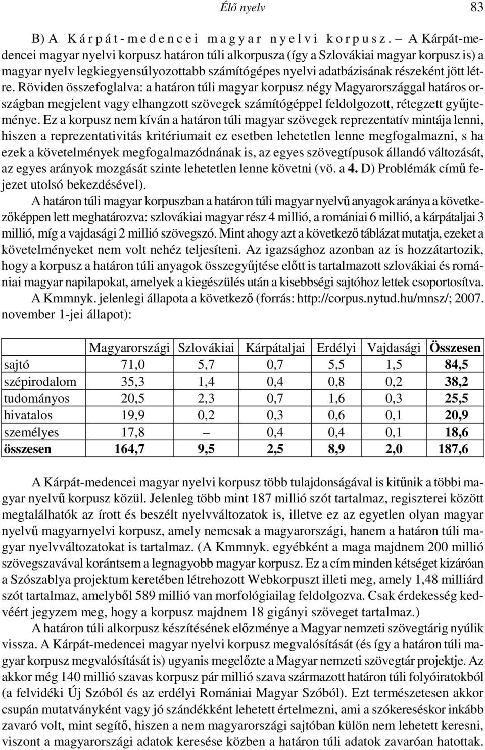 Röviden összefoglalva: a határon túli magyar korpusz négy Magyarországgal határos országban megjelent vagy elhangzott szövegek számítógéppel feldolgozott, rétegzett győjteménye.