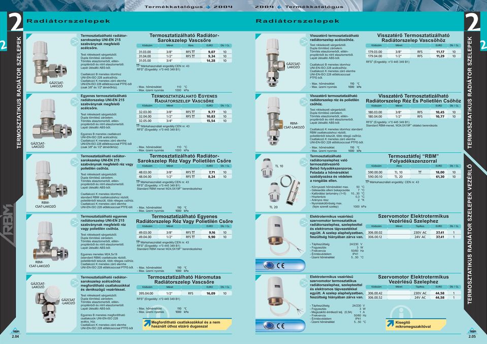 Egyenes B menetes csatlakozó UNI-EN-ISO 8 el tétcsúccsal PTFE-b l (csak 3/8" és 1/" átmér khöz) Termosztatzálható radátorsarokszelep UNI-EN 15 szabványnak megfelel réz vagy poletlén cs höz.