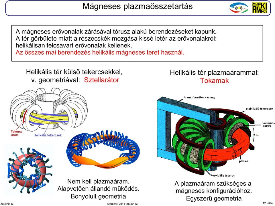 Az összes mai berendezés helikális mágnes ses teret t használ. Helikális tér külső tekercsekkel, v.