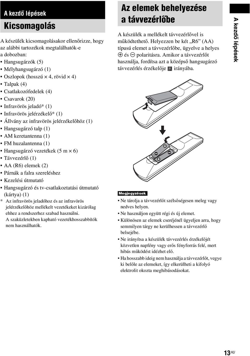 Hangsugárzó vezetékek (5 m 6) Távvezérlő (1) AA(R6)elemek(2) Párnák a falra szereléshez Kezelési útmutató Hangsugárzó és tv-csatlakoztatási útmutató (kártya) (1) * Az infravörös jeladóhoz és az