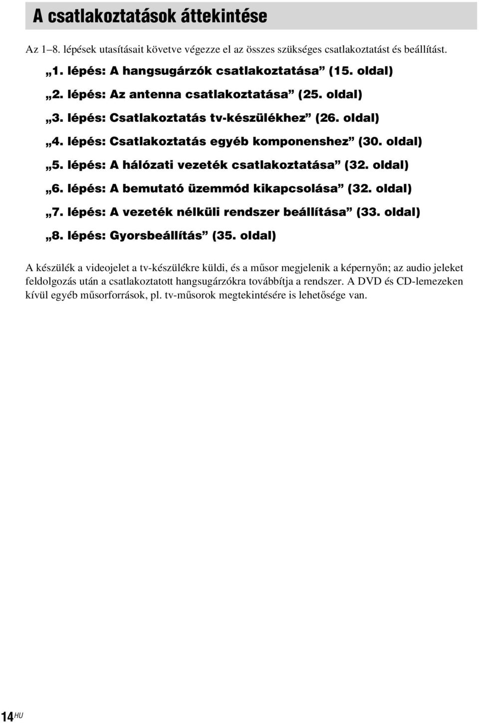 lépés: A hálózati vezeték csatlakoztatása (32. oldal) 6. lépés: A bemutató üzemmód kikapcsolása (32. oldal) 7. lépés: A vezeték nélküli rendszer beállítása (33. oldal) 8. lépés: Gyorsbeállítás (35.