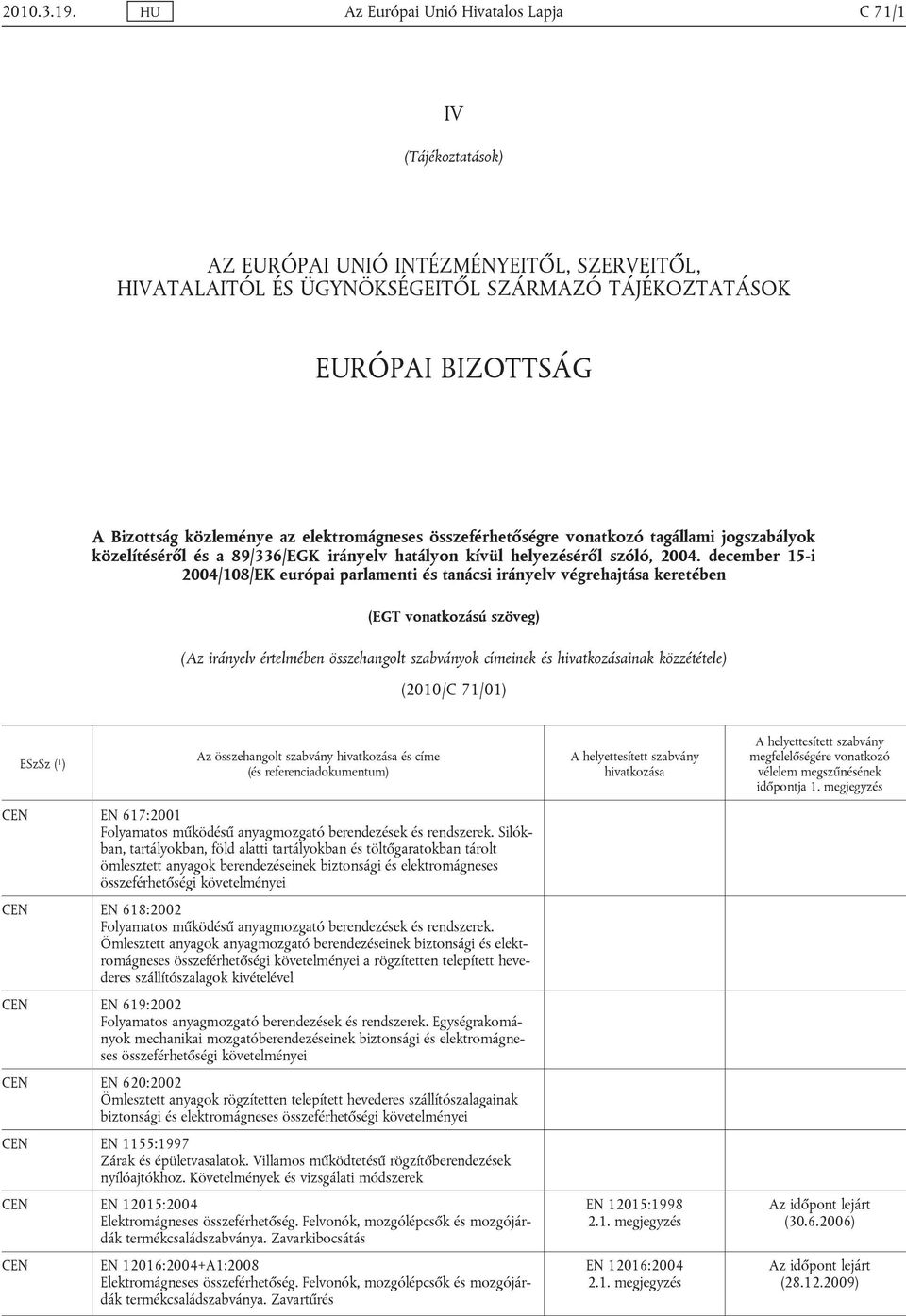 közleménye az elektromágneses összeférhetőségre vonatkozó tagállami jogszabályok közelítéséről és a 89/336/EGK irányelv hatályon kívül helyezéséről szóló, 2004.