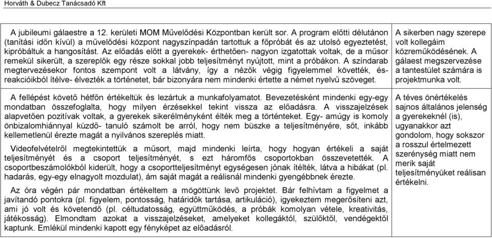 Az előadás előtt a gyerekek- érthetően- nagyon izgatottak voltak, de a műsor remekül sikerült, a szereplők egy része sokkal jobb teljesítményt nyújtott, mint a próbákon.