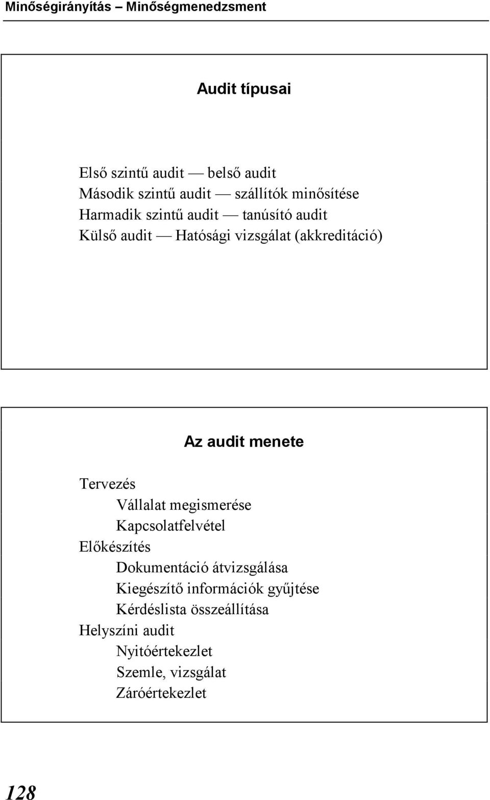 audit menete Tervezés Vállalat megismerése Kapcsolatfelvétel Előkészítés Dokumentáció átvizsgálása