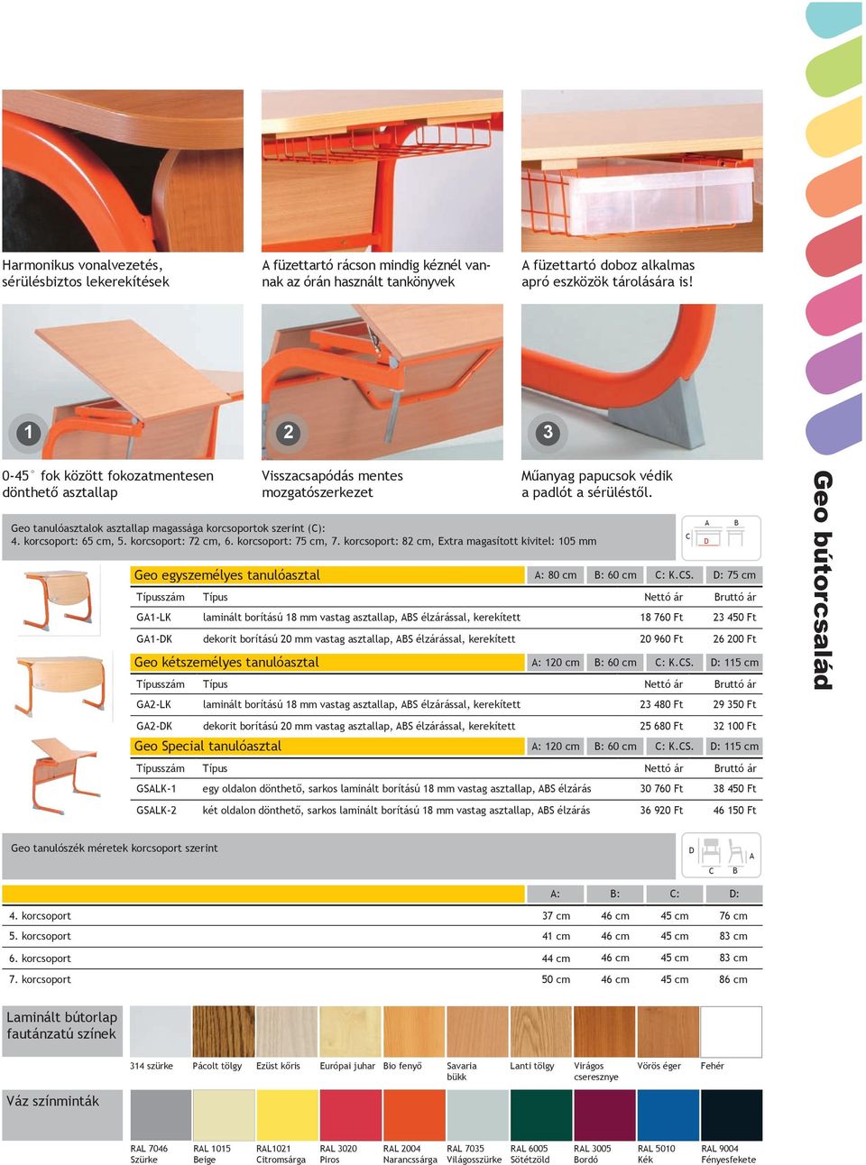 korcsoport: 82 cm, Extra magasított kivitel: 105 mm Geo egyszemélyes tanulóasztal G1-LK laminált borítású 18 mm vastag asztallap, S élzárással, kerekített 18 760 Ft 23 450 Ft G1-K dekorit borítású 20