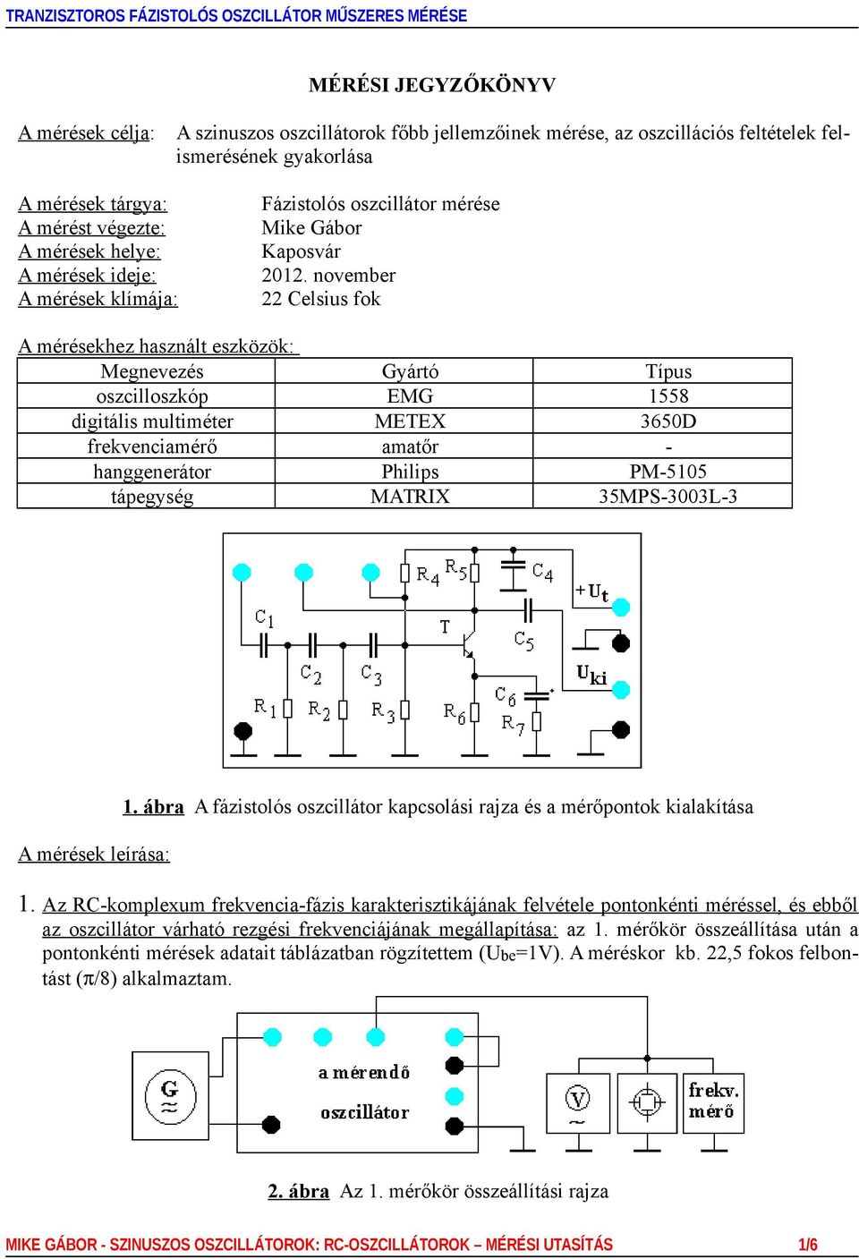 november 22 Celsius fok A mérésekhez használt eszközök: Megnevezés Gyártó Típus oszcilloszkóp EMG 1558 digitális multiméter METEX 3650D frekvenciamérő amatőr - hanggenerátor Philips PM-5105 tápegység