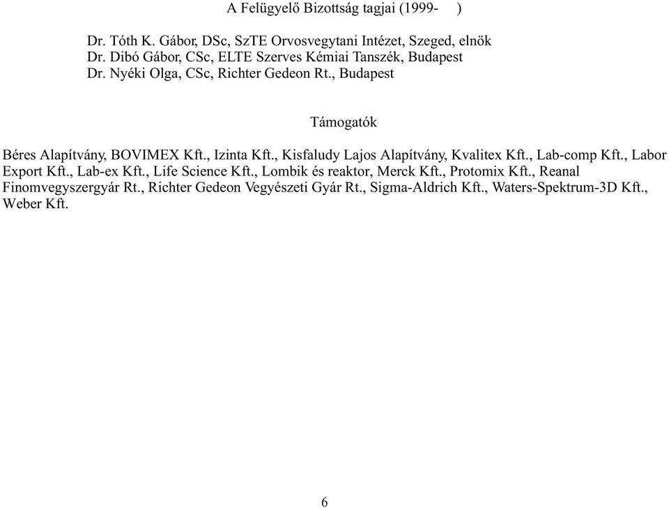 , Budapest Támogatók Béres Alapítvány, BOVIMEX Kft., Izinta Kft., Kisfaludy Lajos Alapítvány, Kvalitex Kft., Lab-comp Kft.