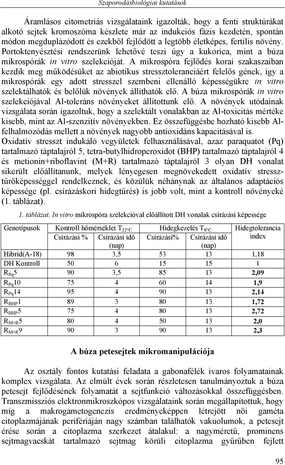 A mikrospóra fejlődés korai szakaszaiban kezdik meg működésüket az abiotikus stressztoleranciáért felelős gének, így a mikrospórák egy adott stresszel szembeni ellenálló képességükre in vitro