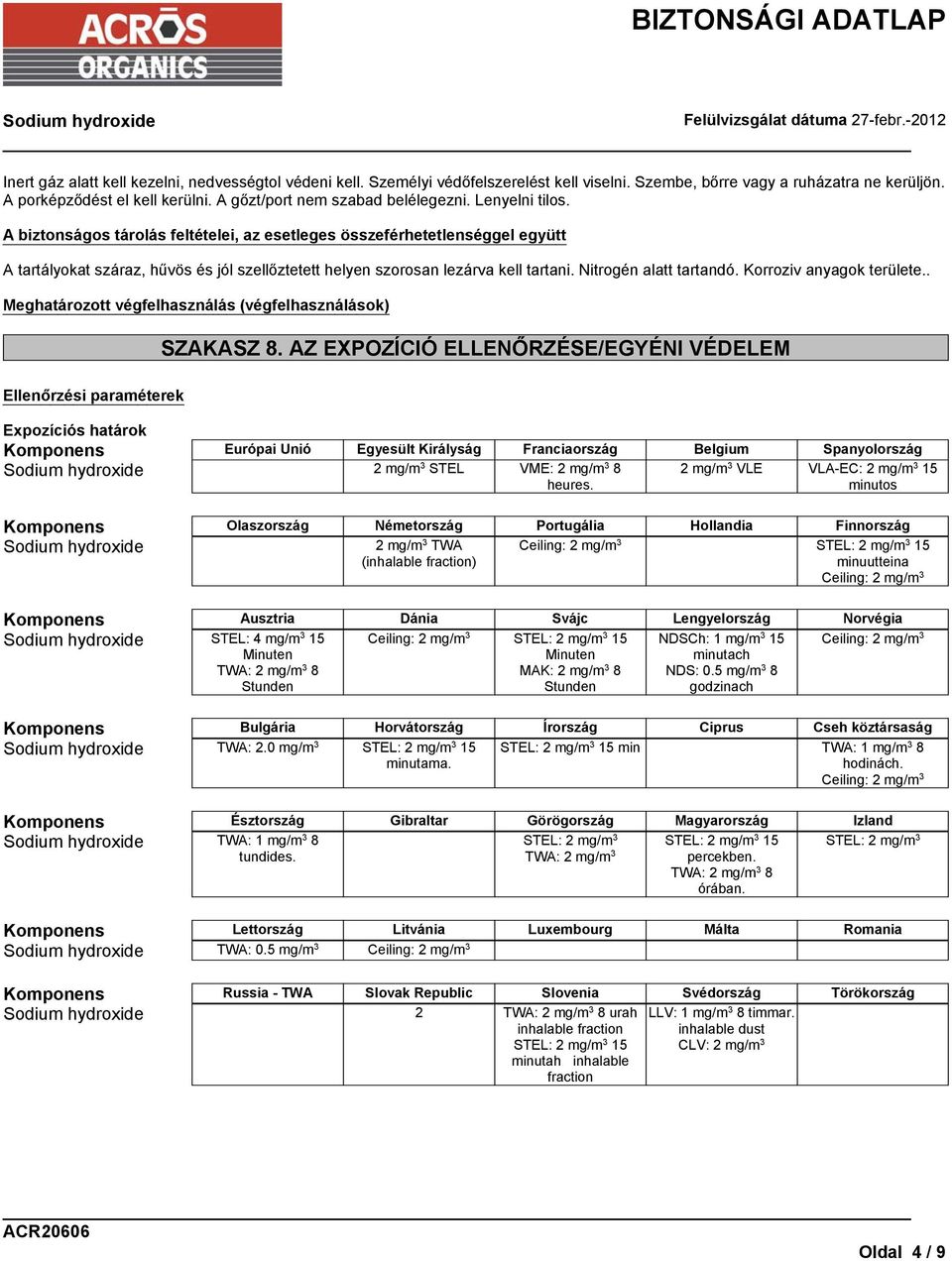 A biztonságos tárolás feltételei, az esetleges összeférhetetlenséggel együtt A tartályokat száraz, hűvös és jól szellőztetett helyen szorosan lezárva kell tartani. Nitrogén alatt tartandó.