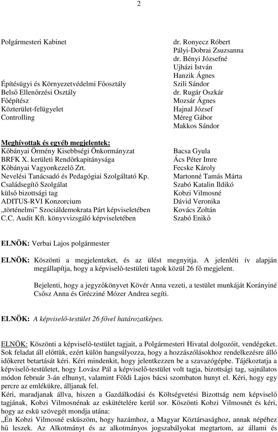 Családsegítő Szolgálat külső bizottsági tag ADITUS-RVI Konzorcium történelmi Szociáldemokrata Párt képviseletében C.C. Audit Kft. könyvvizsgáló képviseletében dr.