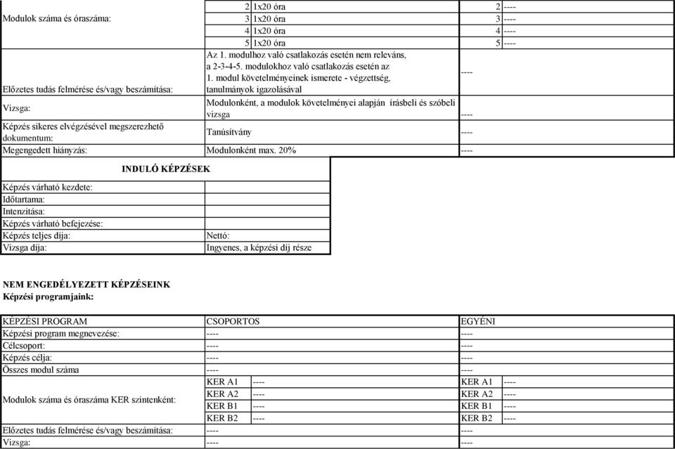 modul követelményeinek ismerete - végzettség, tanulmányok igazolásával Modulonként, a modulok követelményei alapján