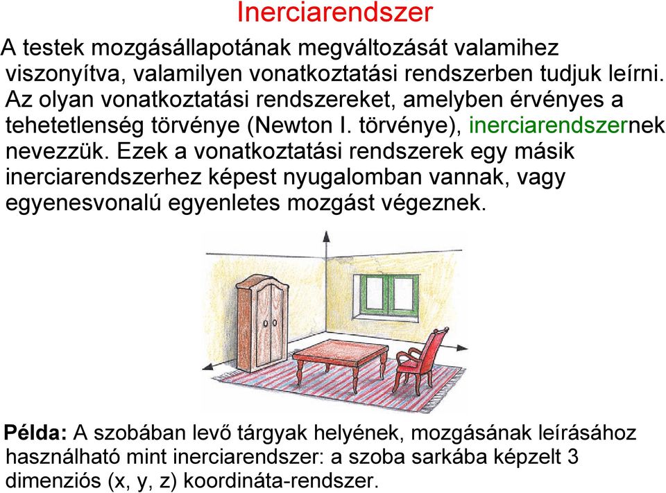 Ezek a vonatkoztatási rendszerek egy másik inerciarendszerhez képest nyugalomban vannak, vagy egyenesvonalú egyenletes mozgást végeznek.