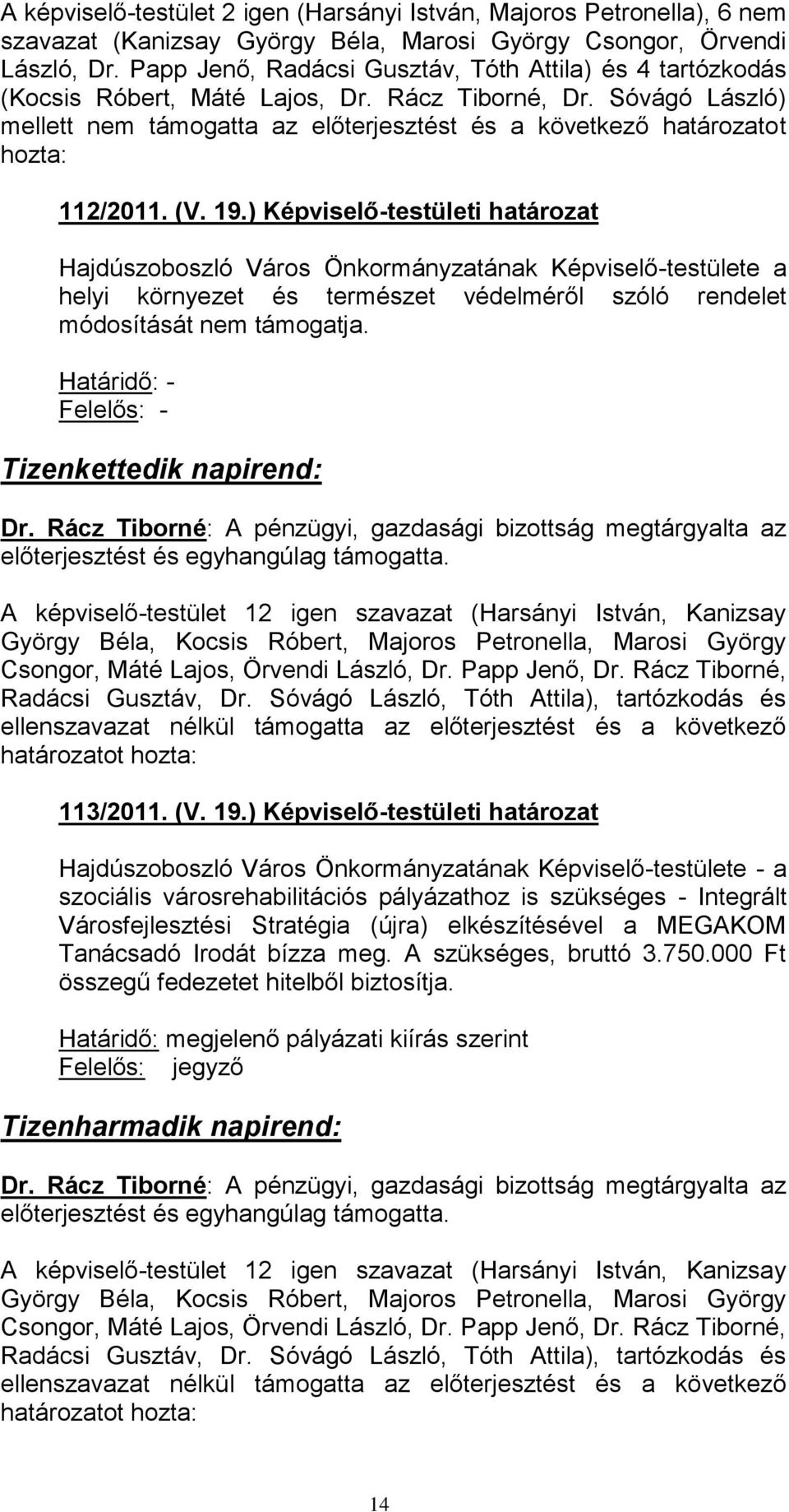 Sóvágó László) mellett nem támogatta az előterjesztést és a következő határozatot hozta: 112/2011. (V. 19.