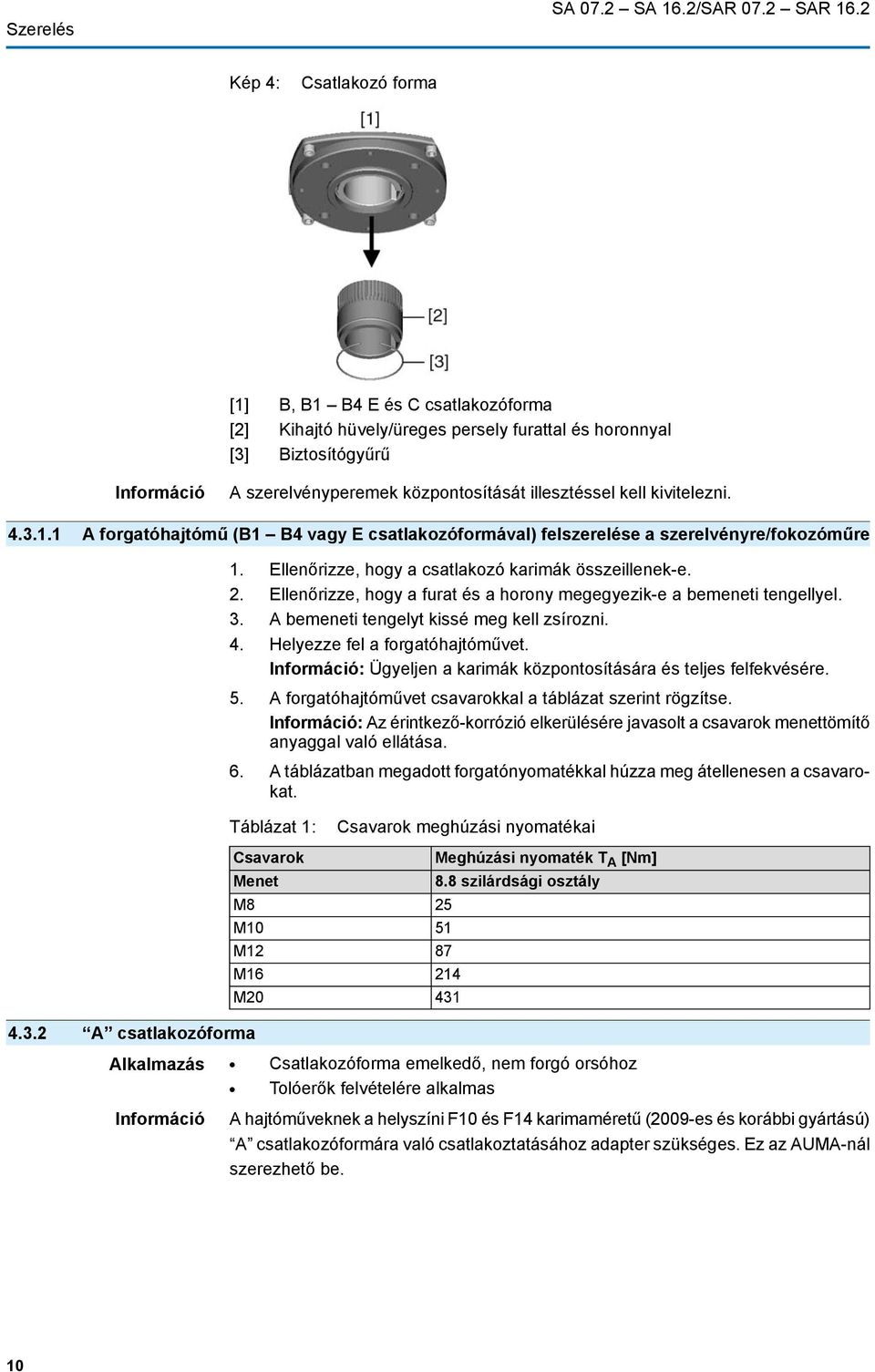 kell kivitelezni. 4.3.1.1 A forgatóhajtómű (B1 B4 vagy E csatlakozóformával) felszerelése a szerelvényre/fokozóműre 1. Ellenőrizze, hogy a csatlakozó karimák összeillenek-e. 2.