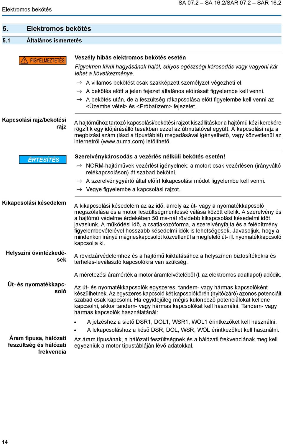 A villamos bekötést csak szakképzett személyzet végezheti el. A bekötés előtt a jelen fejezet általános előírásait figyelembe kell venni.