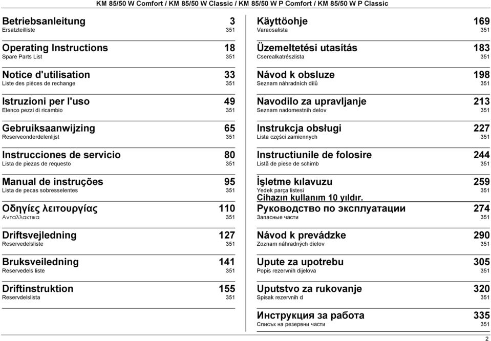 Manual de instruções 95 Lista de pecas sobresselentes 351 Οδηγίες λειτουργίας 110 Áíôáëëáêôéêá 351 Driftsvejledning 127 Reservedelsliste 351 Bruksveiledning 141 Reservedels liste 351 Driftinstruktion