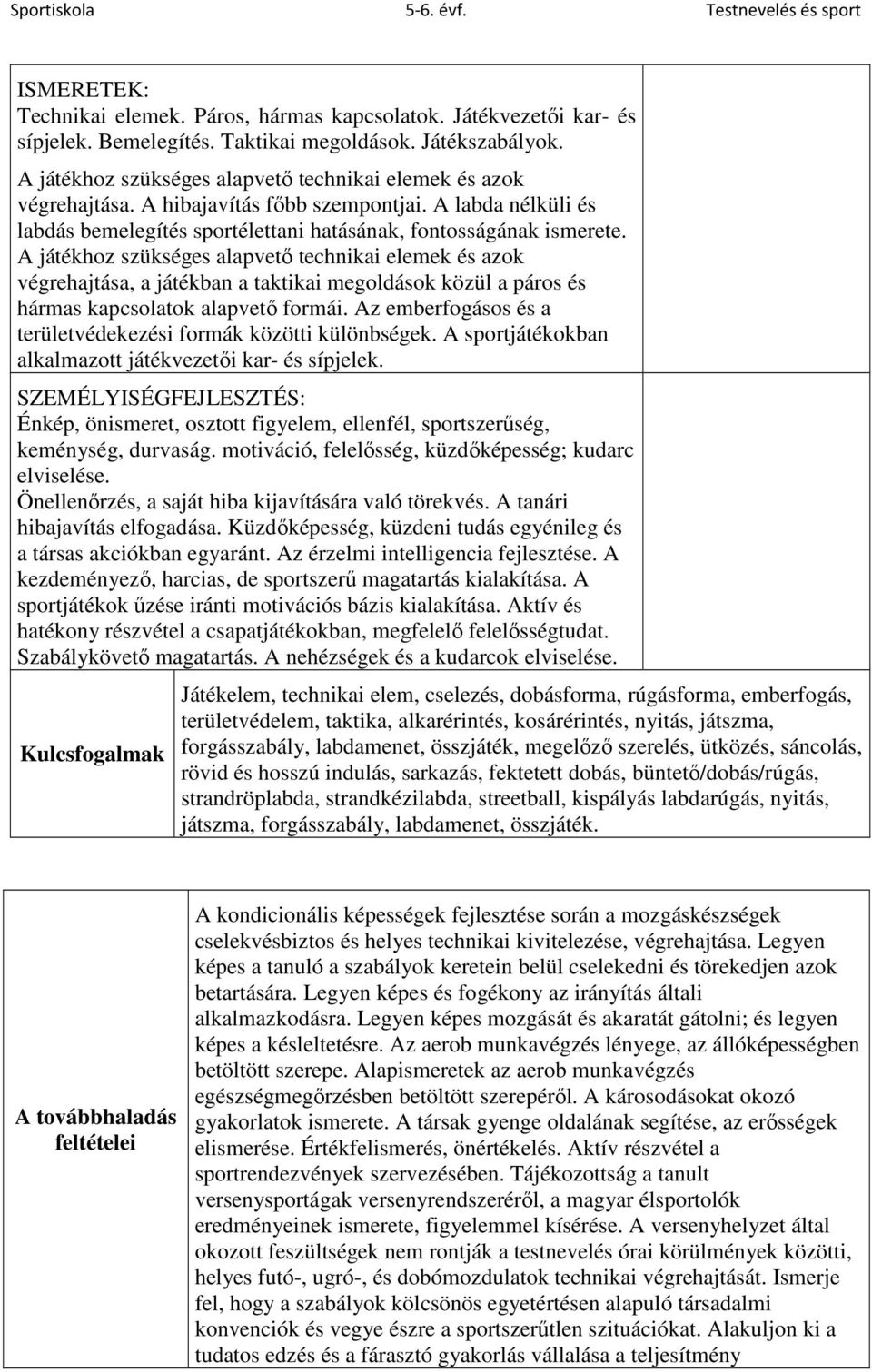 A játékhoz szükséges alapvető technikai elemek és azok végrehajtása, a játékban a taktikai megoldások közül a páros és hármas kapcsolatok alapvető formái.