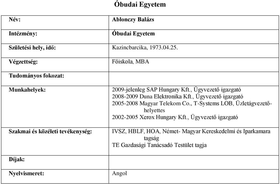 , Ügyvezető igazgató 2008-2009 Duna Elektronika Kft., Ügyvezető igazgató 2005-2008 Magyar Telekom Co.