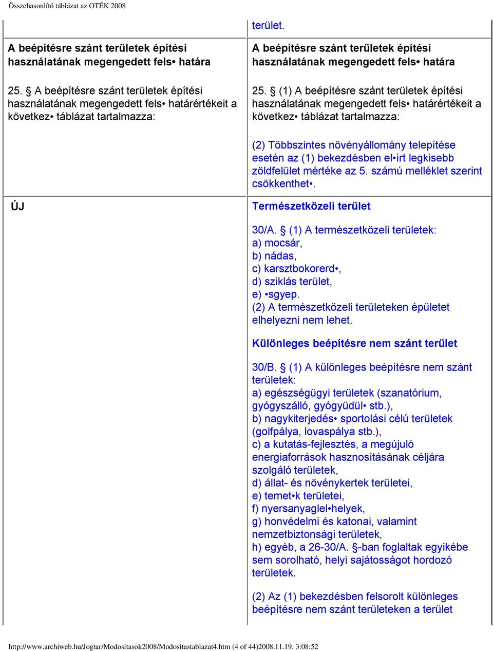 (1) A beépítésre szánt területek építési használatának megengedett fels határértékeit a következ táblázat tartalmazza: (2) Többszintes növényállomány telepítése esetén az (1) bekezdésben el írt