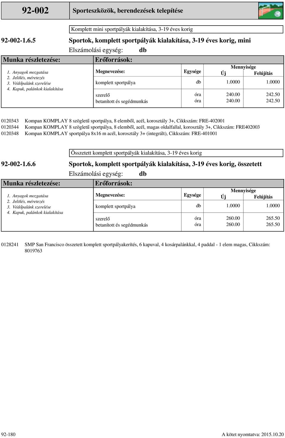 Erőforrások: Megnevezése: Egysége Új Mennyisége Felújítás komplett sportpálya szerelő betanított és segédmunkás 240.00 240.00 242.50 242.