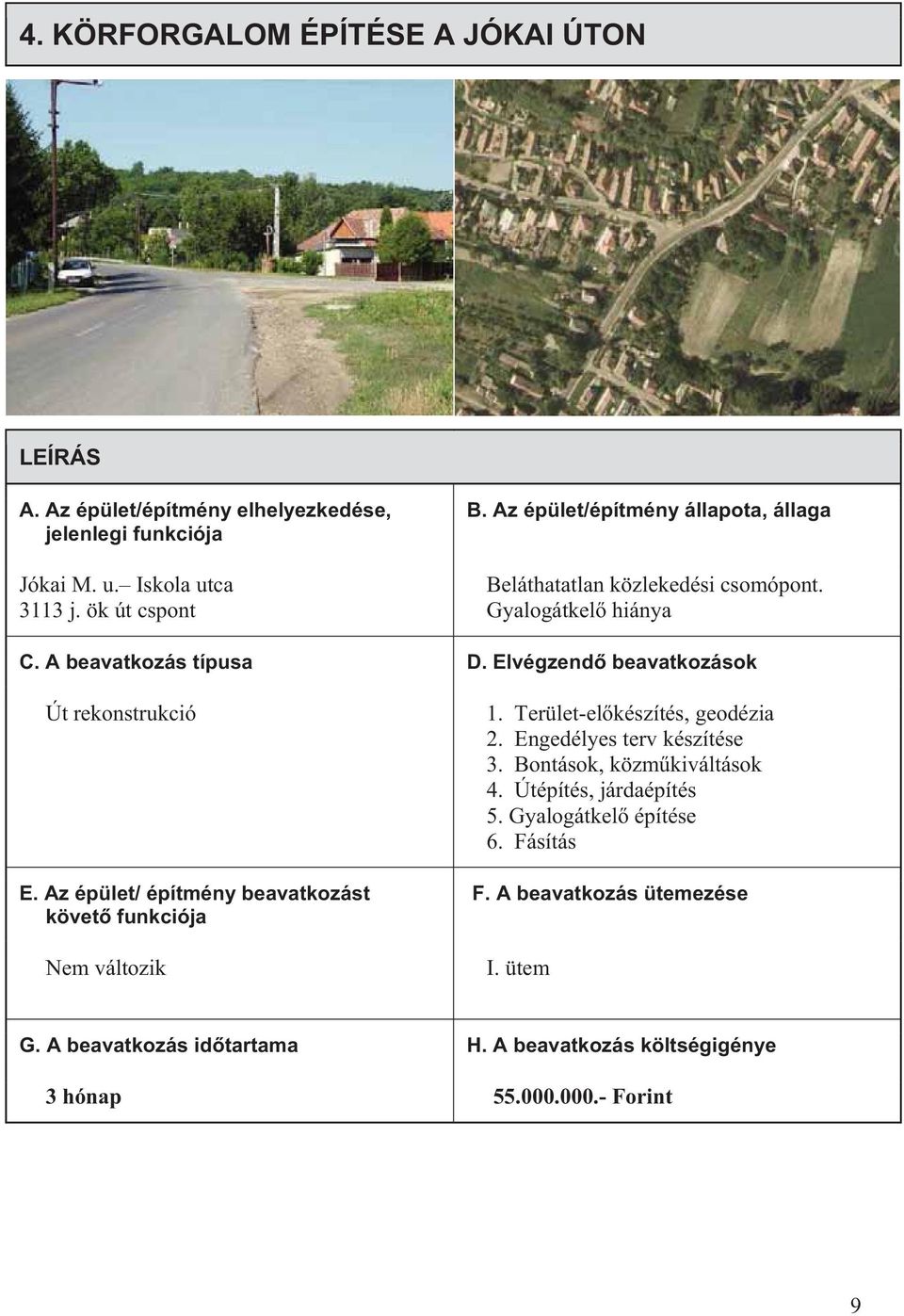 Gyalogátkel hiánya Út rekonstrukció Nem változik 1. Terület-el készítés, geodézia 2.