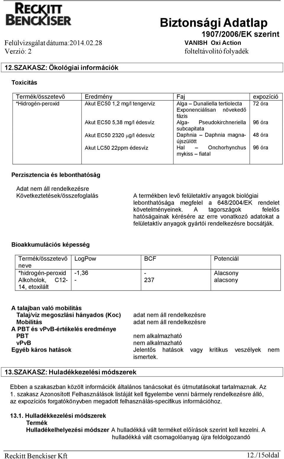 fiatal Perzisztencia és lebonthatóság Adat nem áll rendelkezésre Következtetések/összefoglalás A termékben levő felületaktív anyagok biológiai lebonthatósága megfelel a 648/2004/EK rendelet