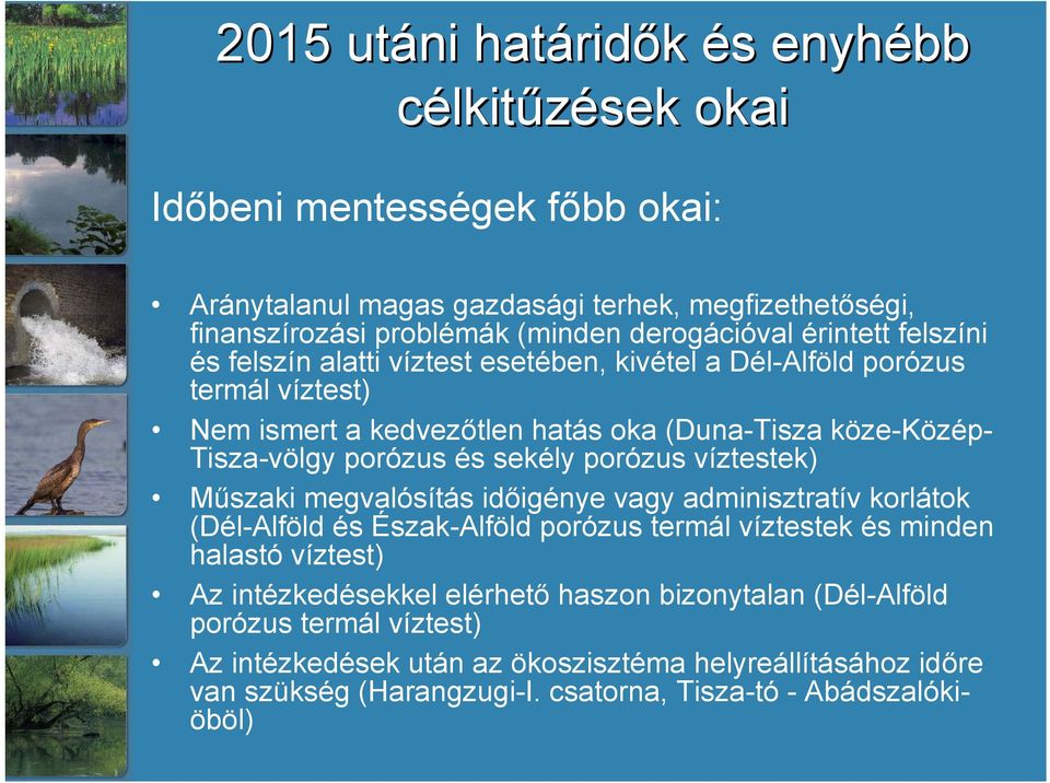 porózus és sekély porózus víztestek) Műszaki megvalósítás időigénye vagy adminisztratív korlátok (Dél-Alföld és Észak-Alföld porózus termál víztestek és minden halastó víztest) Az