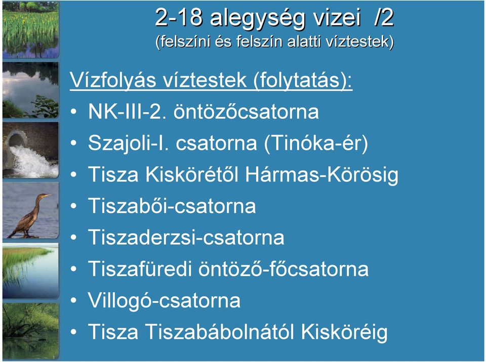 csatorna (Tinóka-ér) Tisza Kiskörétől Hármas-Körösig Tiszabői-csatorna