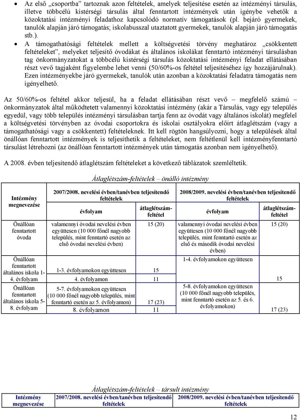 A támogathatósági feltételek mellett a költségvetési törvény meghatároz csökkentett feltételeket, melyeket teljesítő óvodákat és általános iskolákat fenntartó intézményi társulásban tag