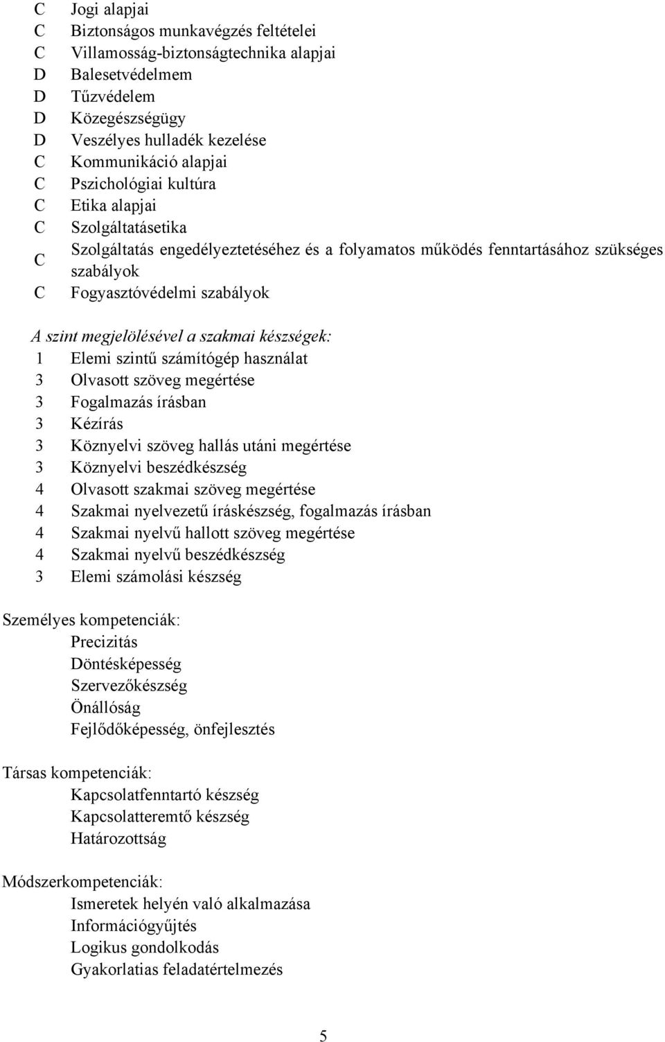 készségek: 1 Elemi szintű számítógép használat 3 Olvasott szöveg megértése 3 Fogalmazás írásban 3 Kézírás 3 Köznyelvi szöveg hallás utáni megértése 3 Köznyelvi beszédkészség 4 Olvasott szakmai szöveg