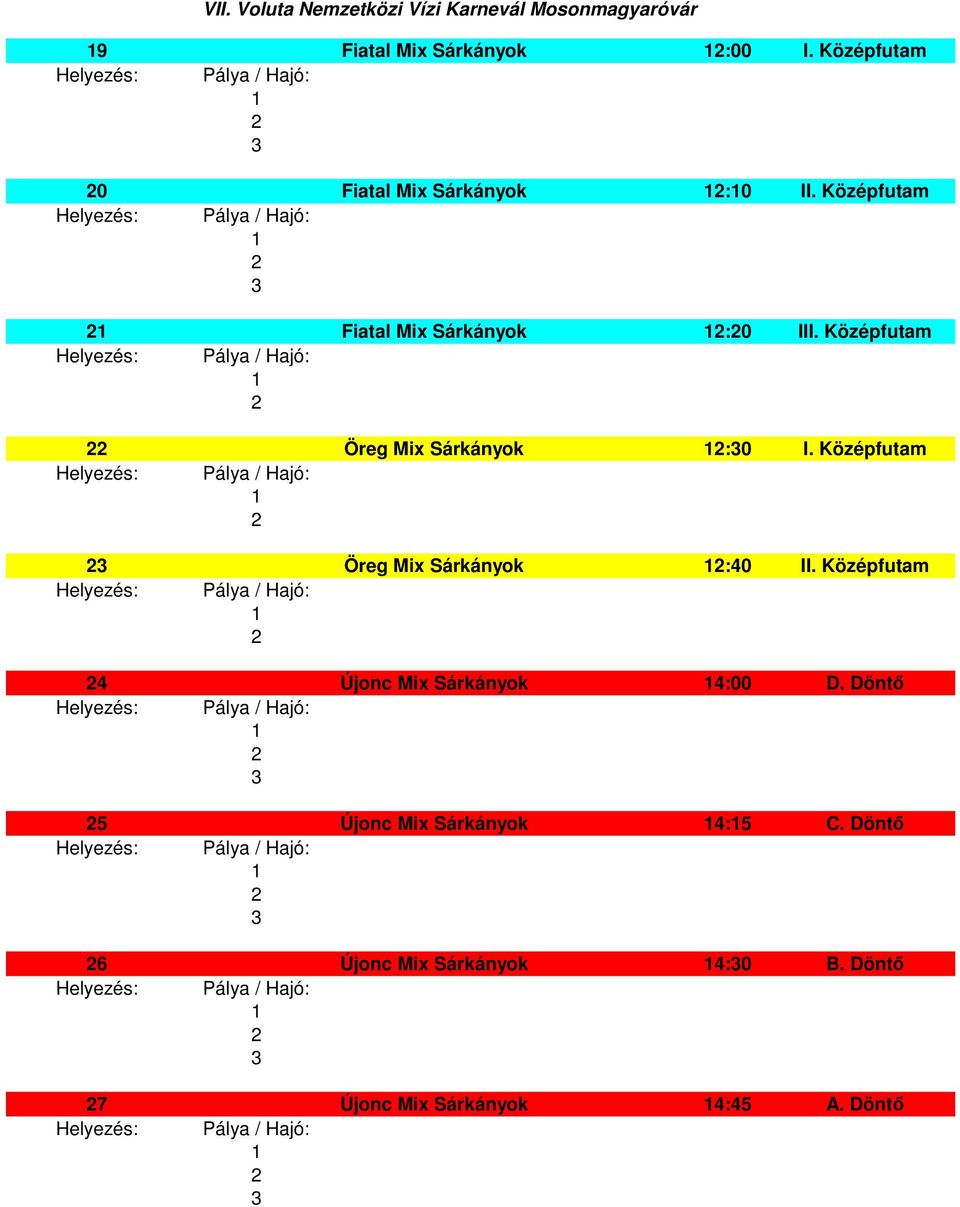 Középfutam Öreg Mix Sárkányok :40 II. Középfutam 4 Újonc Mix Sárkányok 4:00 D.