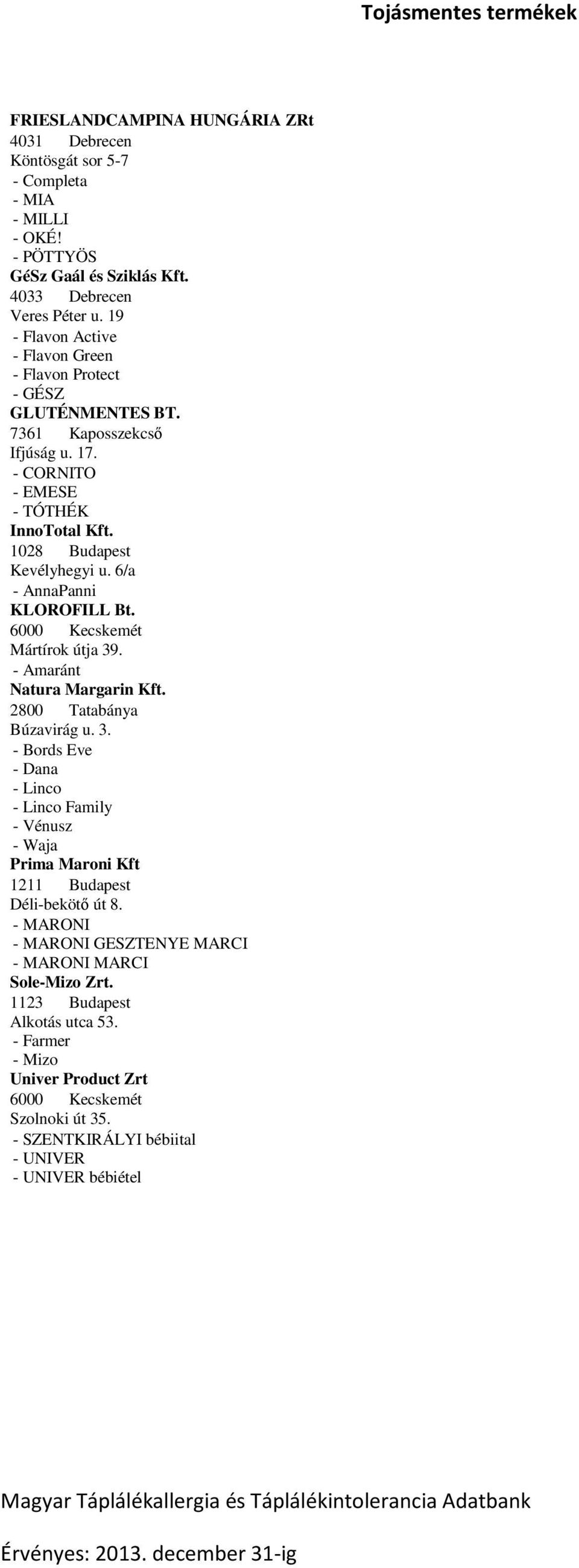 6/a - AnnaPanni KLOROFILL Bt. 6000 Kecskemét Mártírok útja 39. - Amaránt Natura Margarin Kft. 2800 Tatabánya Búzavirág u. 3. - Bords Eve - Dana - Linco - Linco Family - Vénusz - Waja Prima Maroni Kft 1211 Budapest Déli-bekötő út 8.