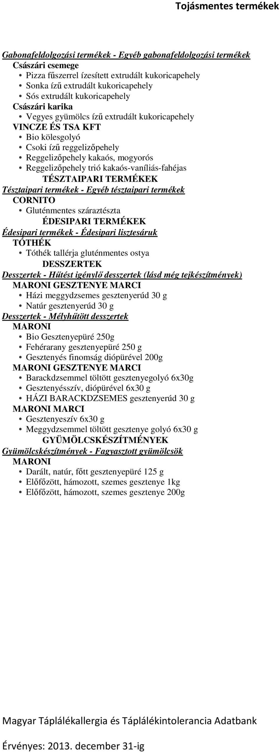 TÉSZTAIPARI TERMÉKEK Tésztaipari termékek - Egyéb tésztaipari termékek CORNITO Gluténmentes száraztészta ÉDESIPARI TERMÉKEK Édesipari termékek - Édesipari lisztesáruk TÓTHÉK Tóthék tallérja