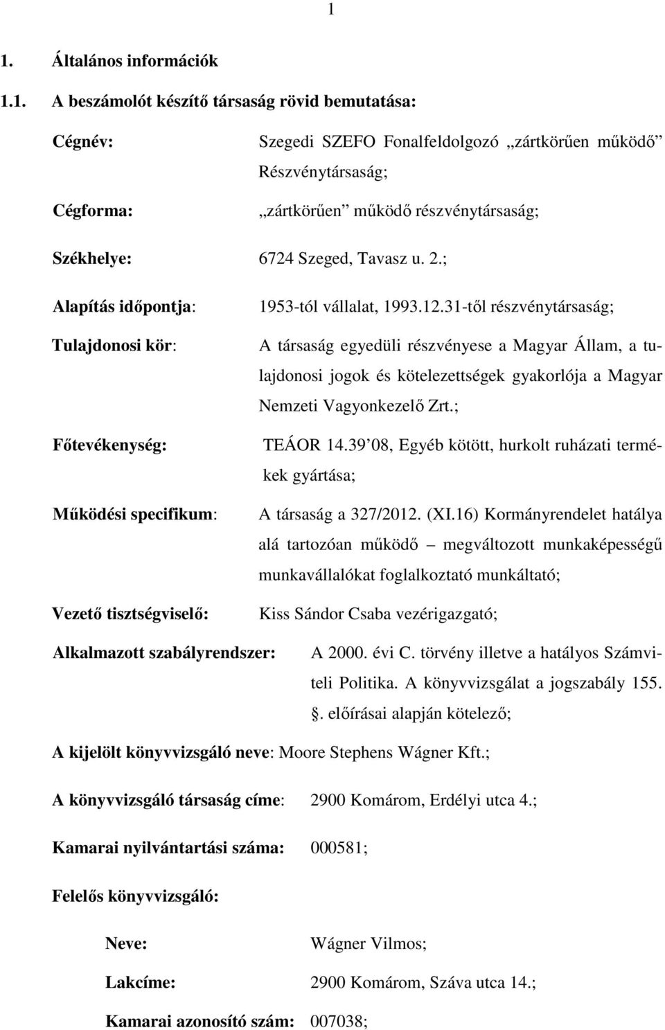 31-től részvénytársaság; A társaság egyedüli részvényese a Magyar Állam, a tulajdonosi jogok és kötelezettségek gyakorlója a Magyar Nemzeti Vagyonkezelő Zrt.; TEÁOR 14.