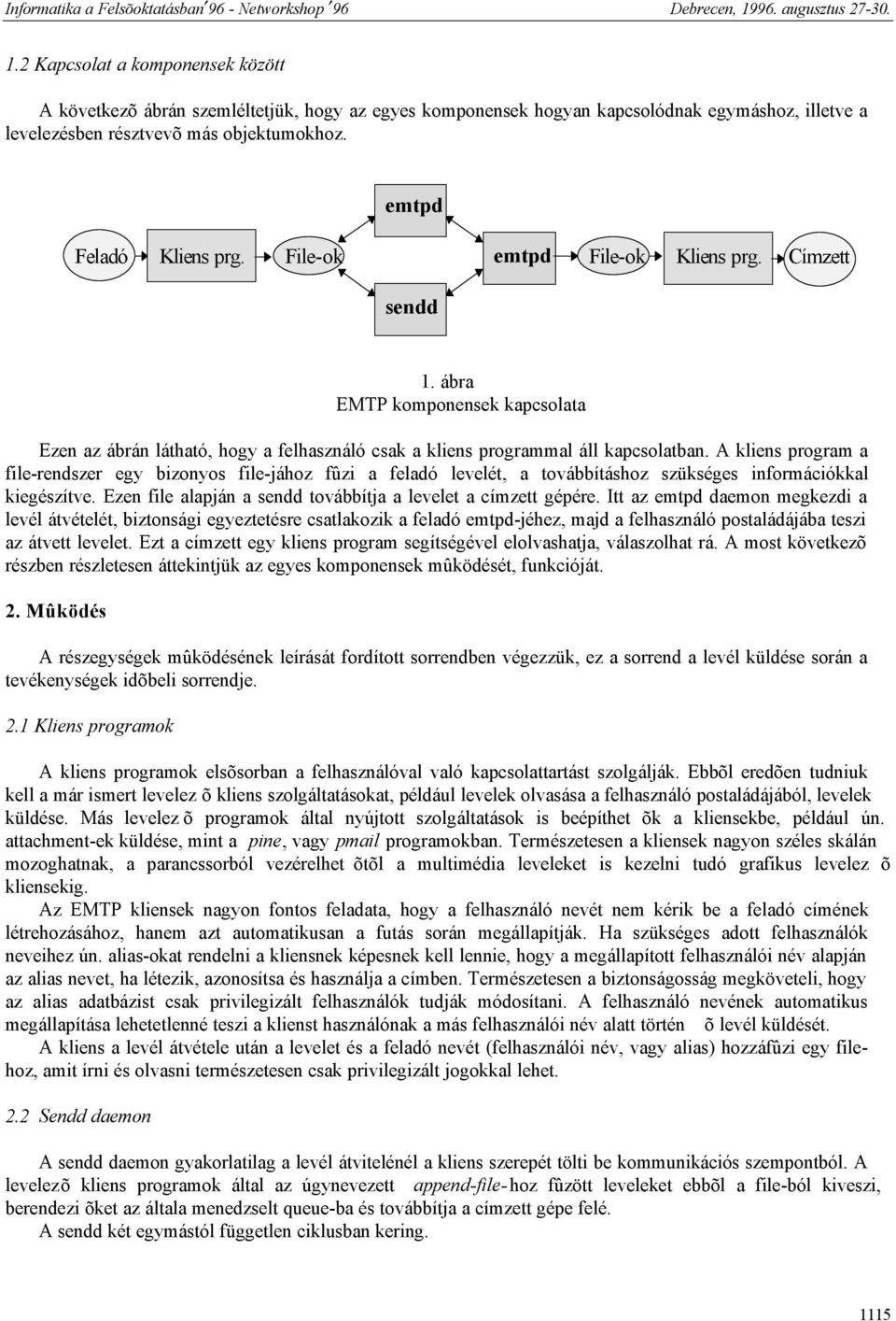 A kliens program a file-rendszer egy bizonyos file-jához fûzi a feladó levelét, a továbbításhoz szükséges információkkal kiegészítve. Ezen file alapján a sendd továbbítja a levelet a címzett gépére.