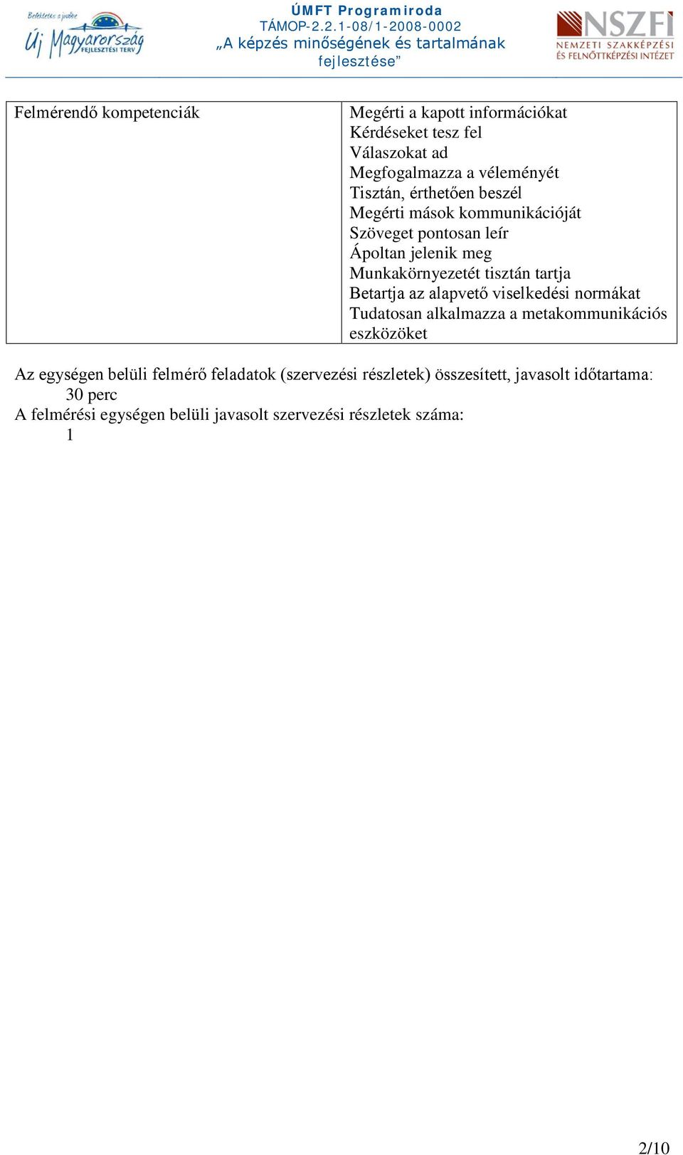 Betartja az alapvető viselkedési normákat Tudatosan alkalmazza a metakommunikációs eszközöket Az egységen belüli felmérő