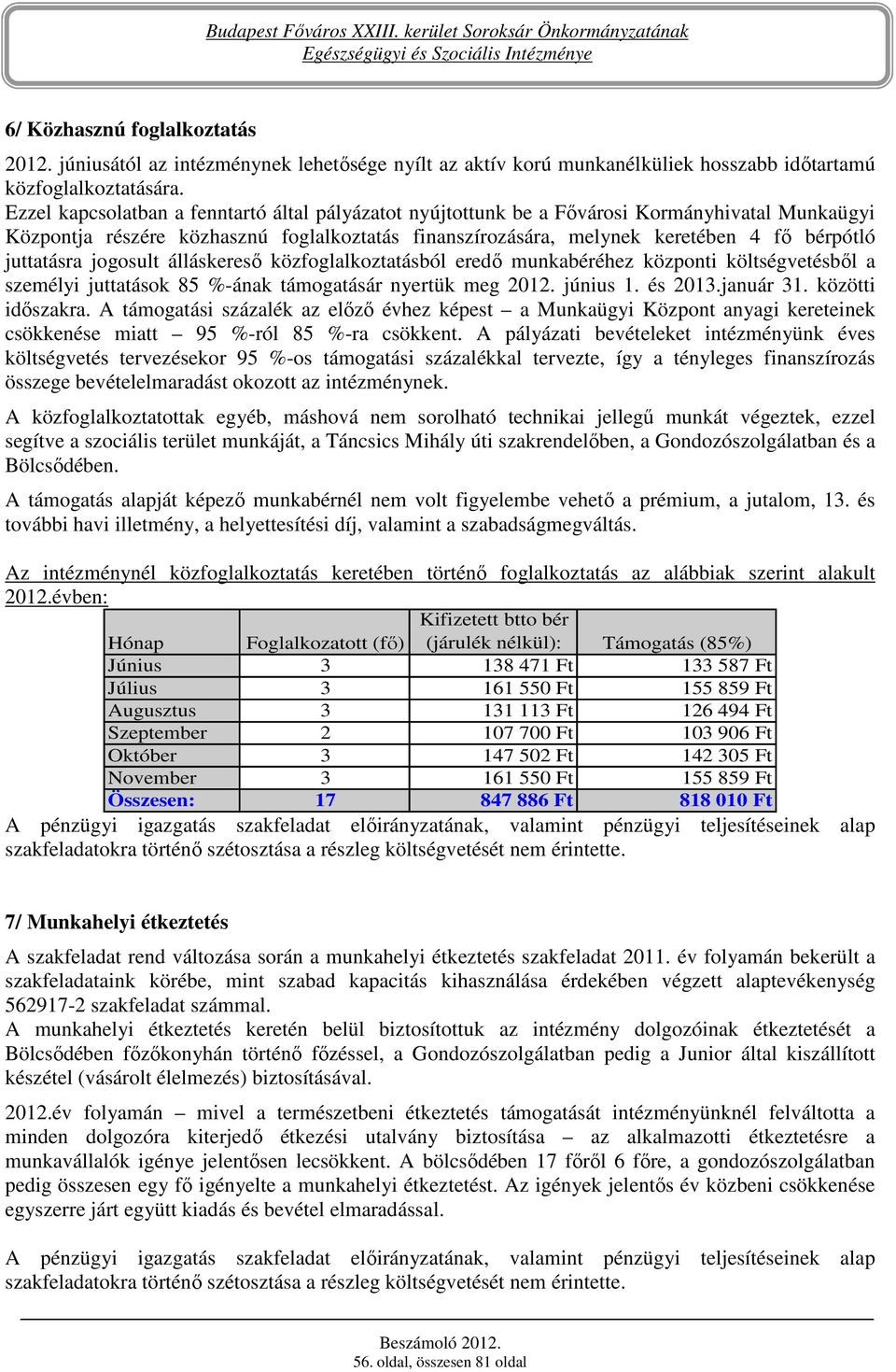 juttatásra jogosult álláskeresı közfoglalkoztatásból eredı munkabéréhez központi költségvetésbıl a személyi juttatások 85 %-ának támogatásár nyertük meg 2012. június 1. és 2013.január 31.