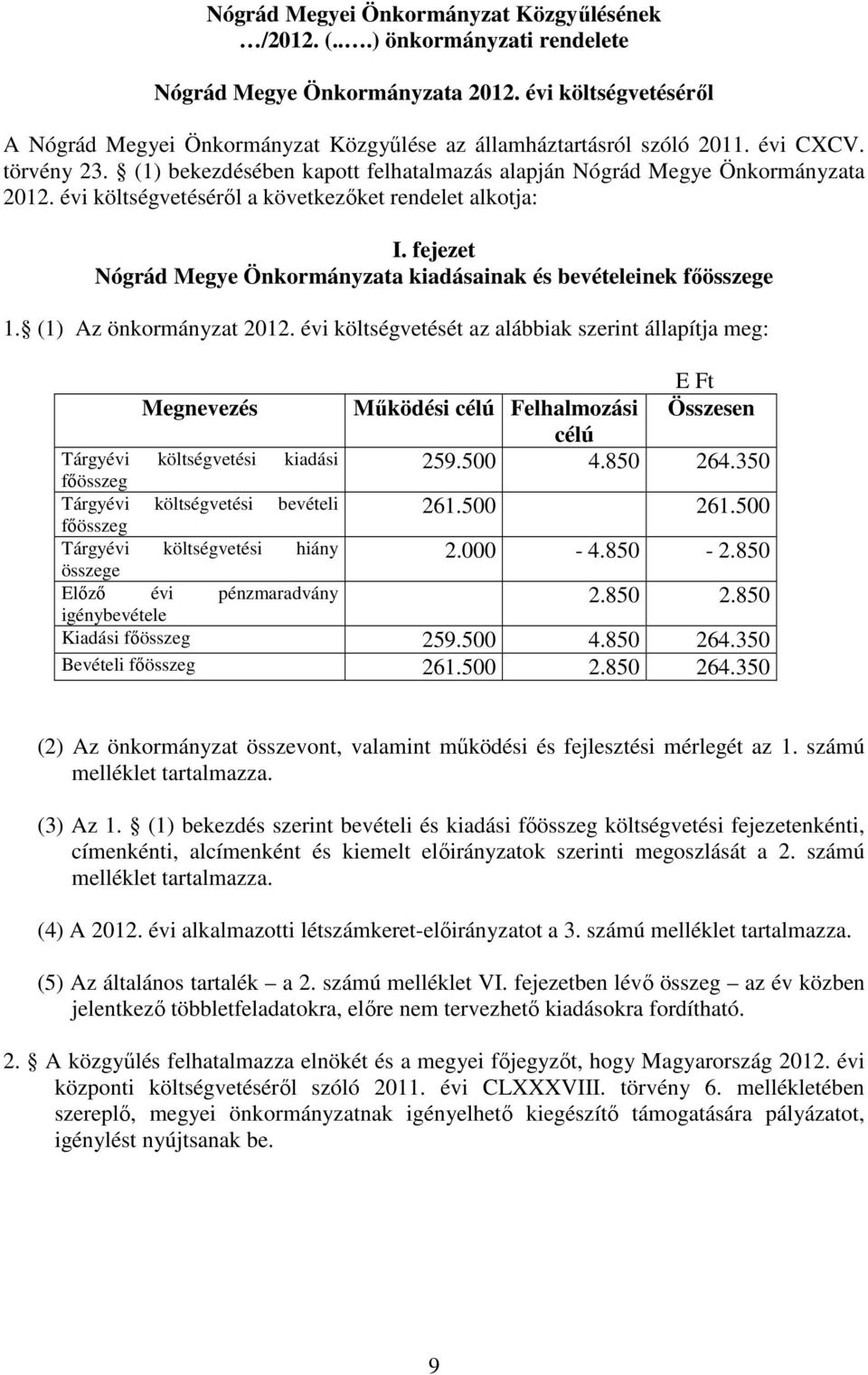 évi költségvetéséről a következőket rendelet alkotja: I. fejezet Nógrád Megye Önkormányzata kiadásainak és bevételeinek főösszege 1. (1) Az önkormányzat 2012.