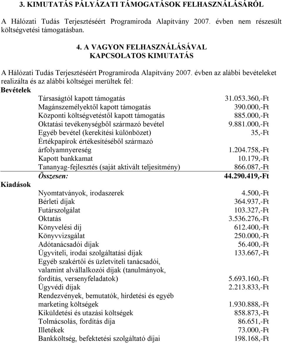 évben az alábbi bevételeket realizálta és az alábbi költségei merültek fel: Bevételek Társaságtól kapott támogatás 31.053.360,-Ft Magánszemélyektől kapott támogatás 390.