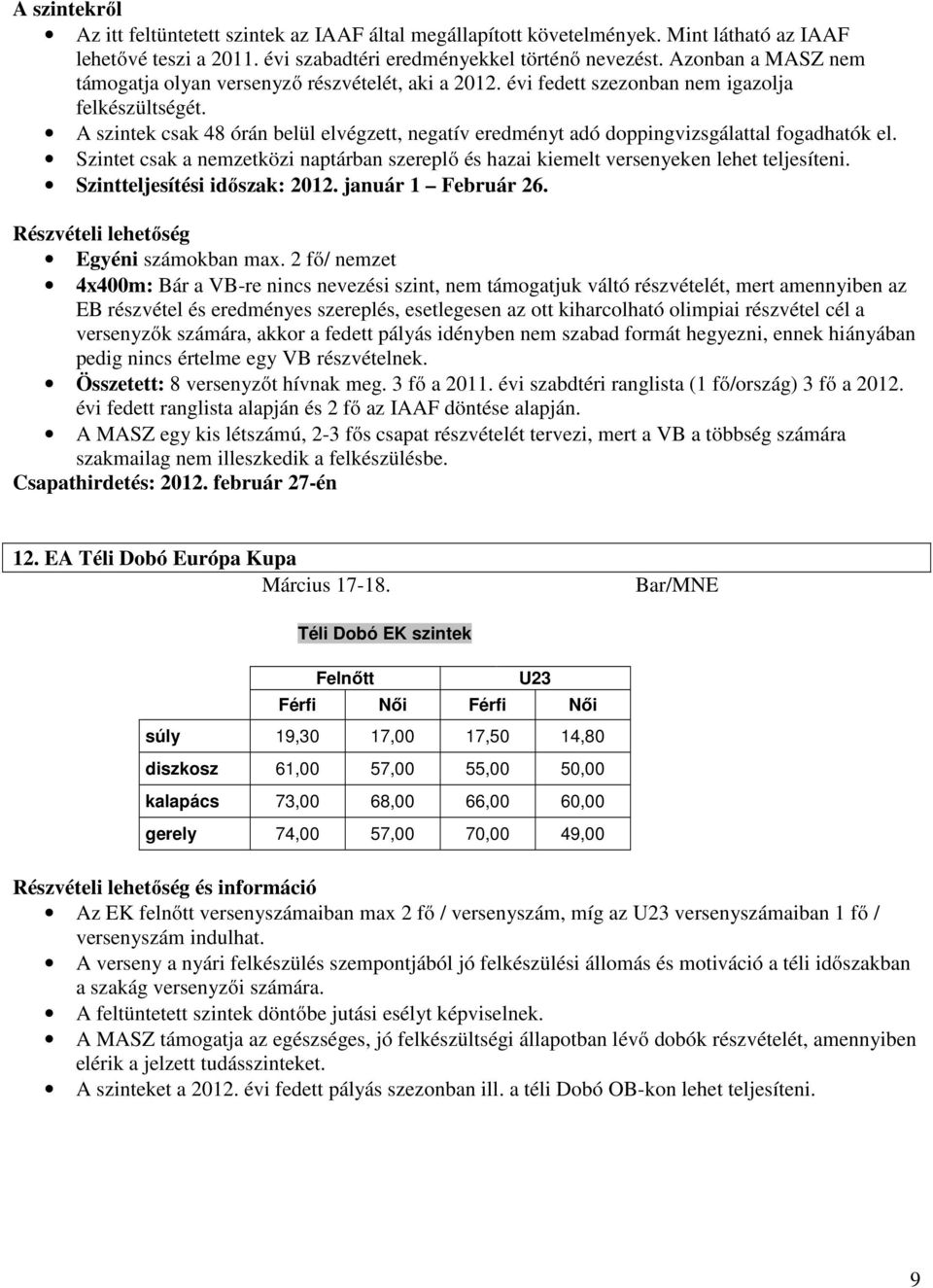 A szintek csak 48 órán belül elvégzett, negatív eredményt adó doppingvizsgálattal fogadhatók el. Szintet csak a nemzetközi naptárban szereplő és hazai kiemelt versenyeken lehet teljesíteni.