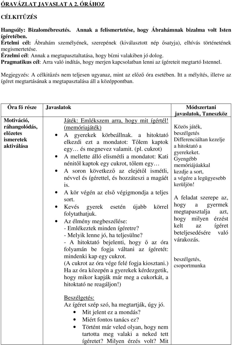 Pragmatikus cél: Arra való indítás, hogy merjen kapcsolatban lenni az ígéreteit megtartó Istennel. Megjegyzés: A célkitűzés nem teljesen ugyanaz, mint az előző óra esetében.